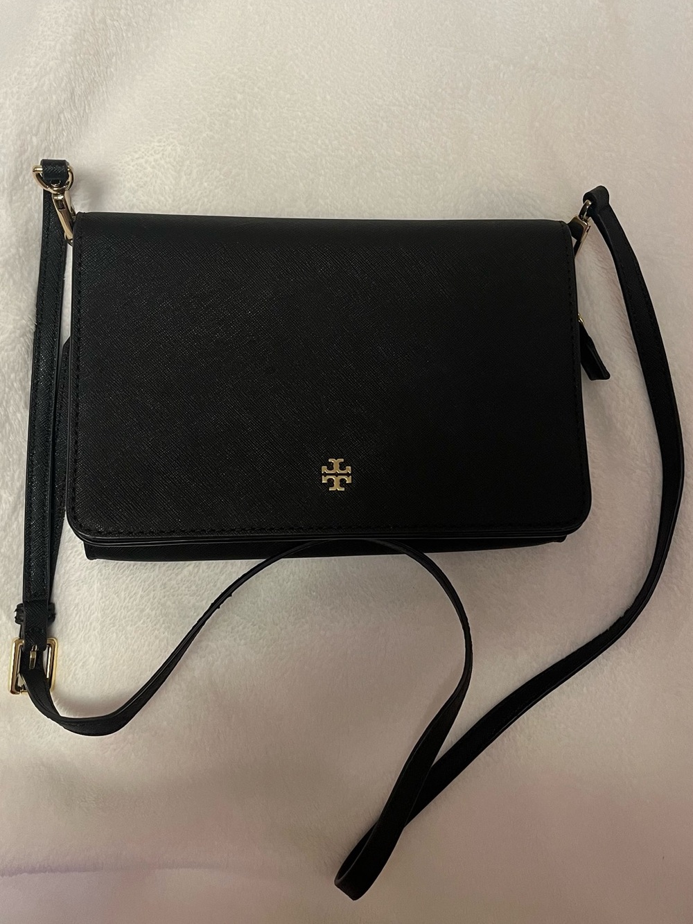 Tory Burch Black Saffiano Leather Crossbody with Gold Logo